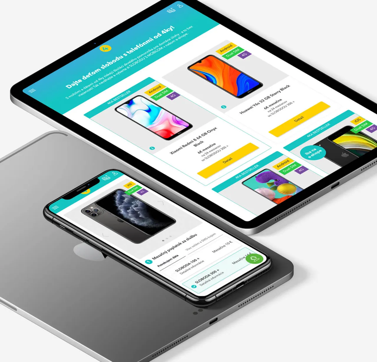 4ka e-shop with a range of mobile phones on a tablet and a phone