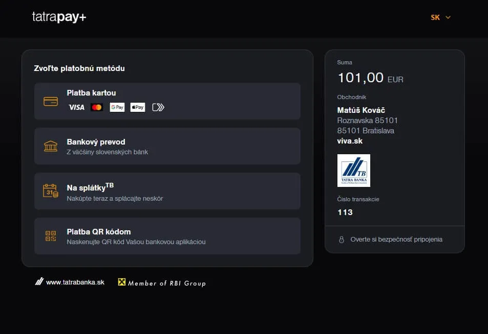 Choosing a payment method in the tatrapay+ payment gateway